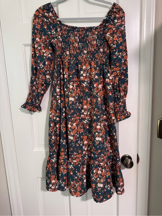 SHEIN Dresses & Skirts - SHEIN Teal Floral Smocked Midi Dress with Rust and Cream Accents